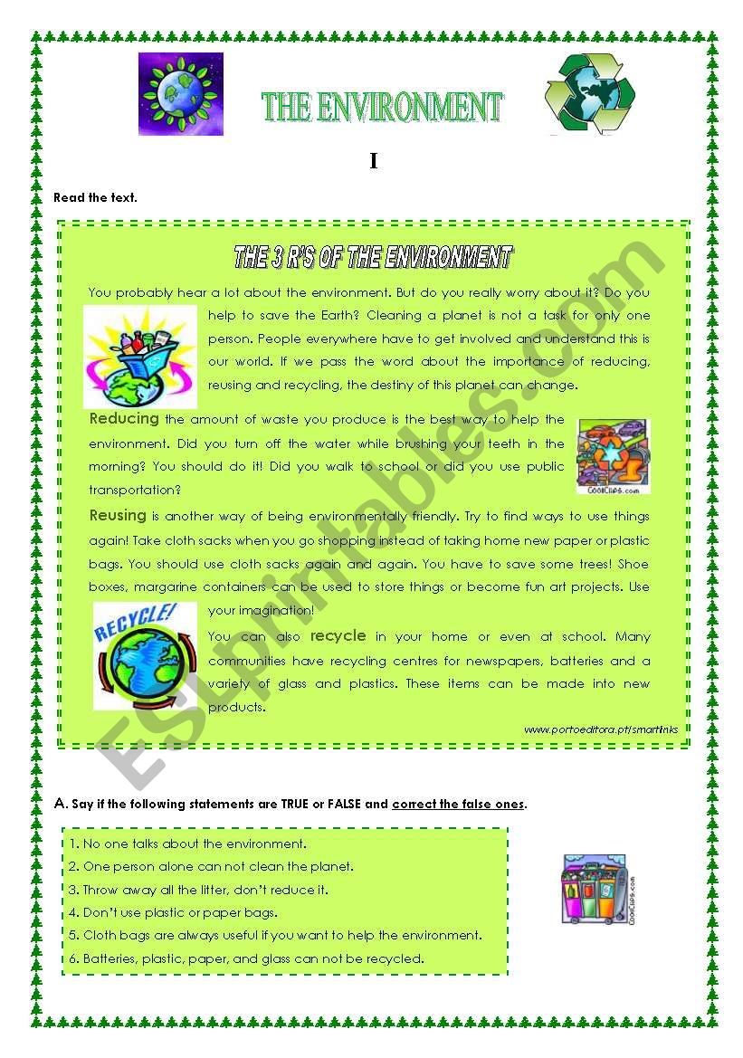The Environment "The 3 R´s of the Environment", reading comprehension