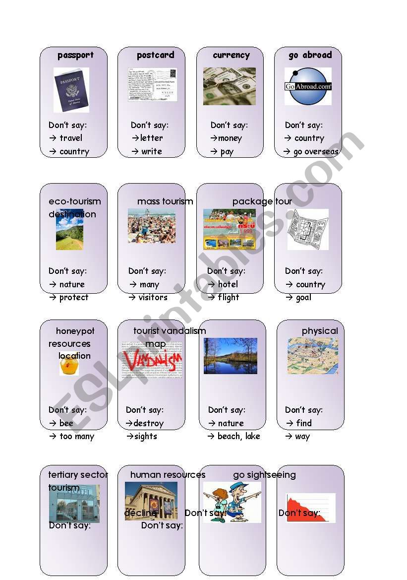 Travelling and tourism taboo worksheet
