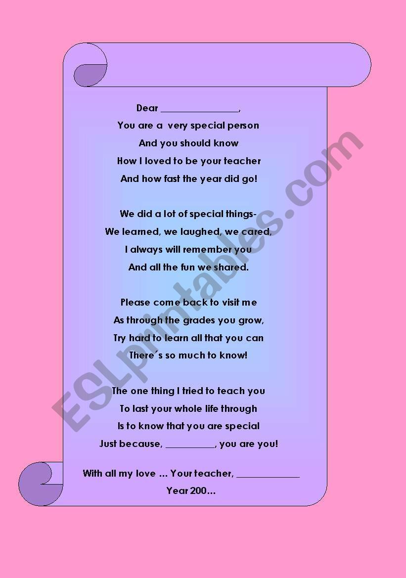 END OF THE YEAR POEM worksheet