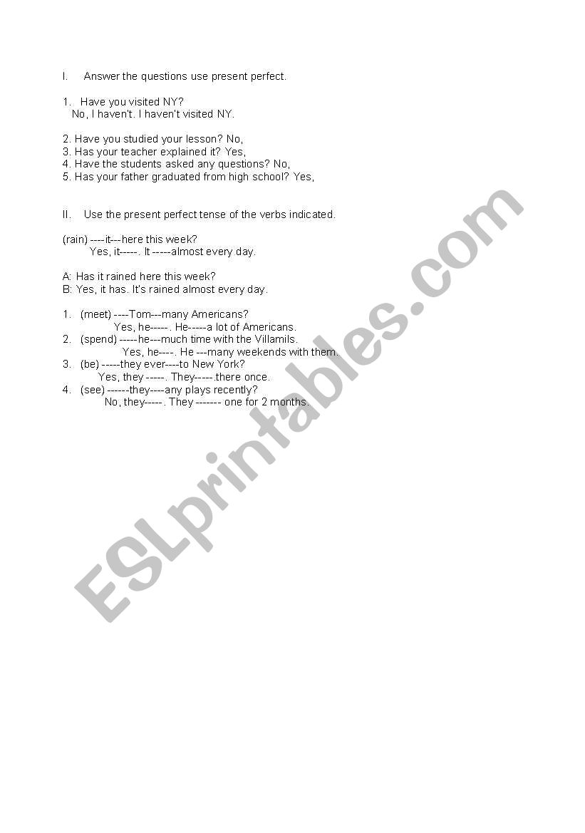 present perfect exercises worksheet