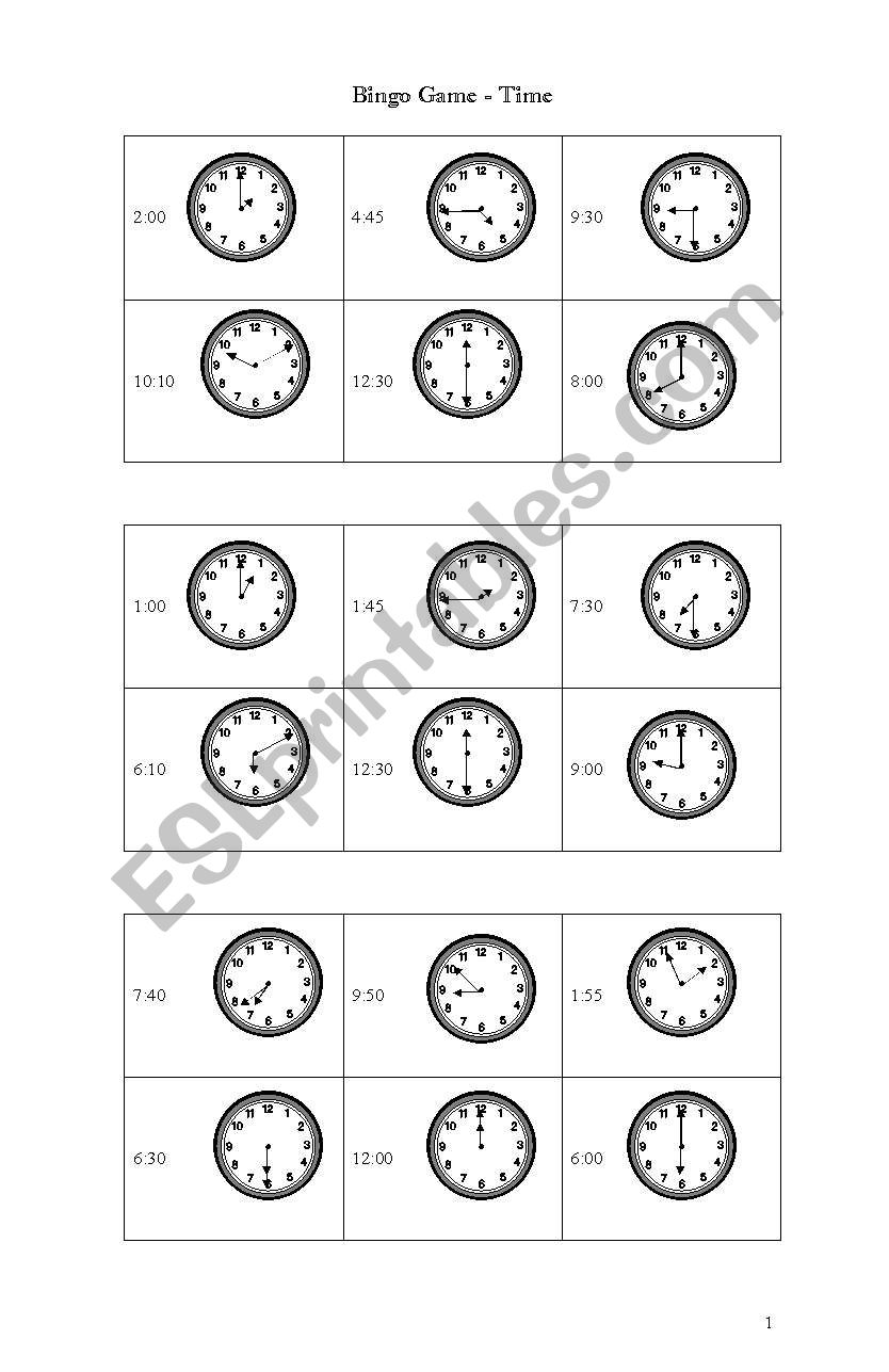 Time -Bingo Game worksheet