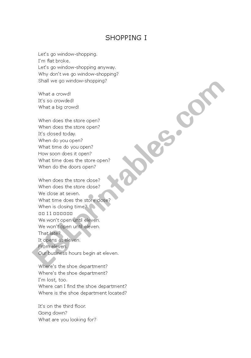 Shopping worksheet