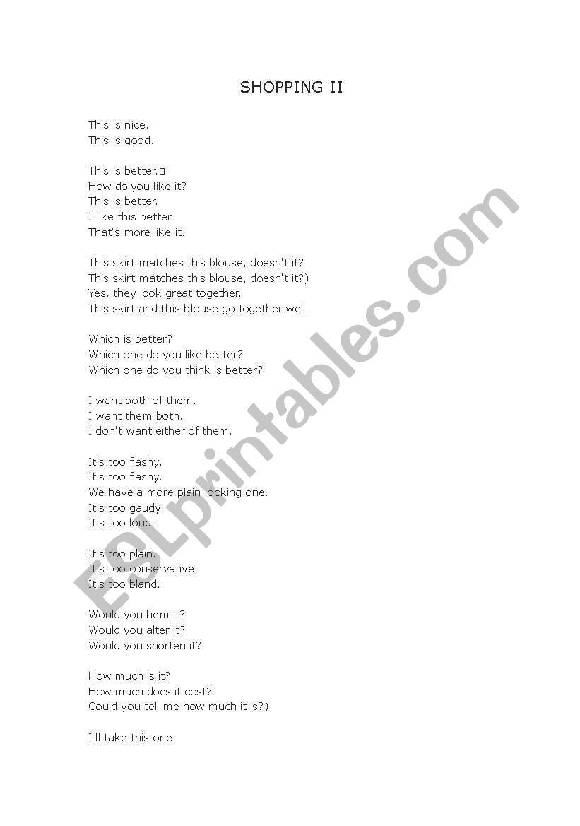Shopping II worksheet
