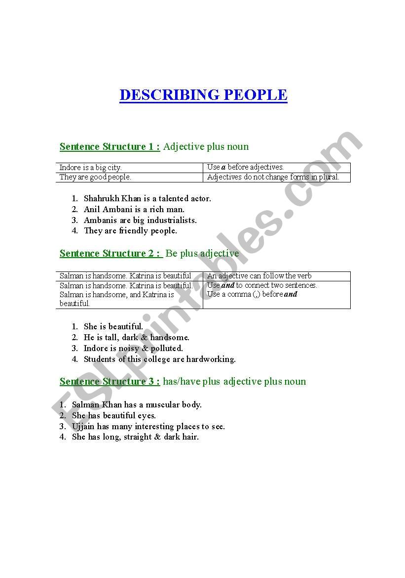 Describing People worksheet