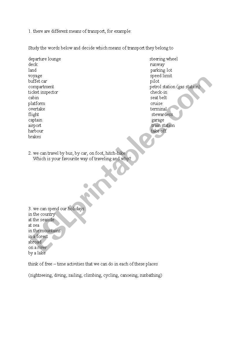 Transport/travel worksheet