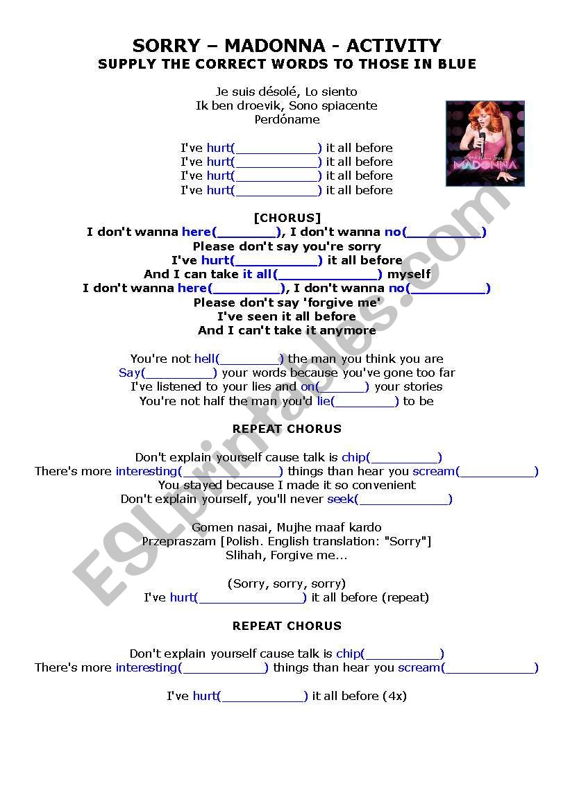 MADONNA - SORRY - CORRECTION worksheet