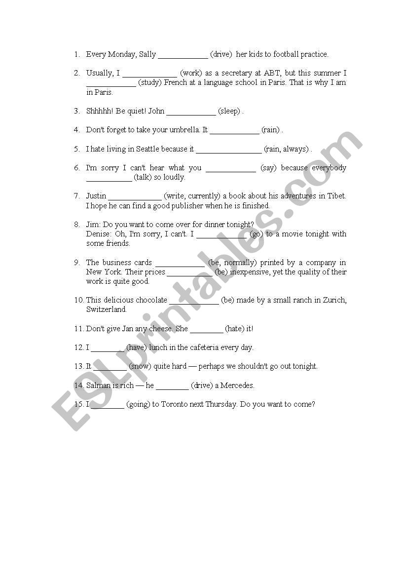 Exercises about Simple Present Tense Vs Present Continuous Tense 