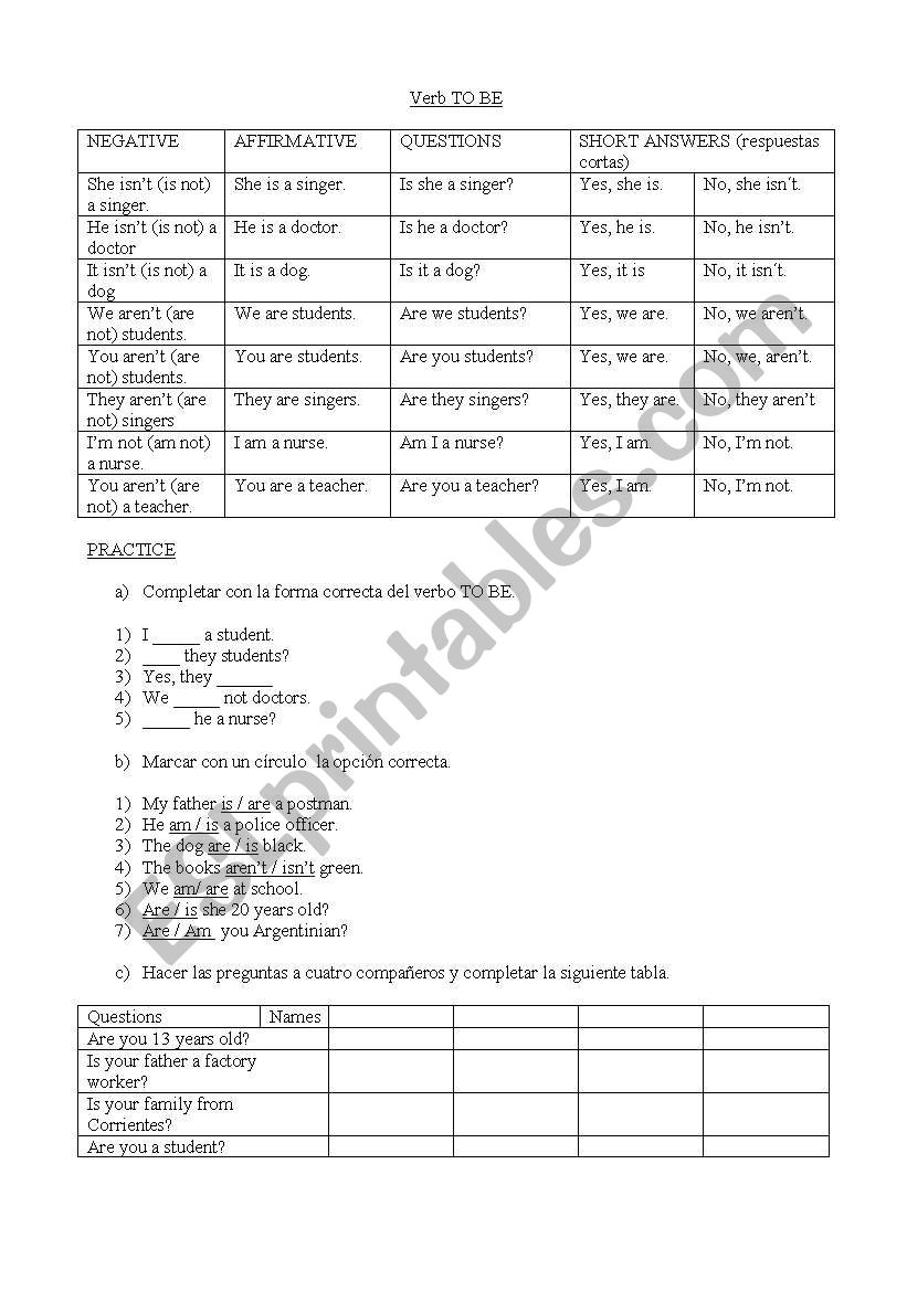 jobs and verb to be worksheet