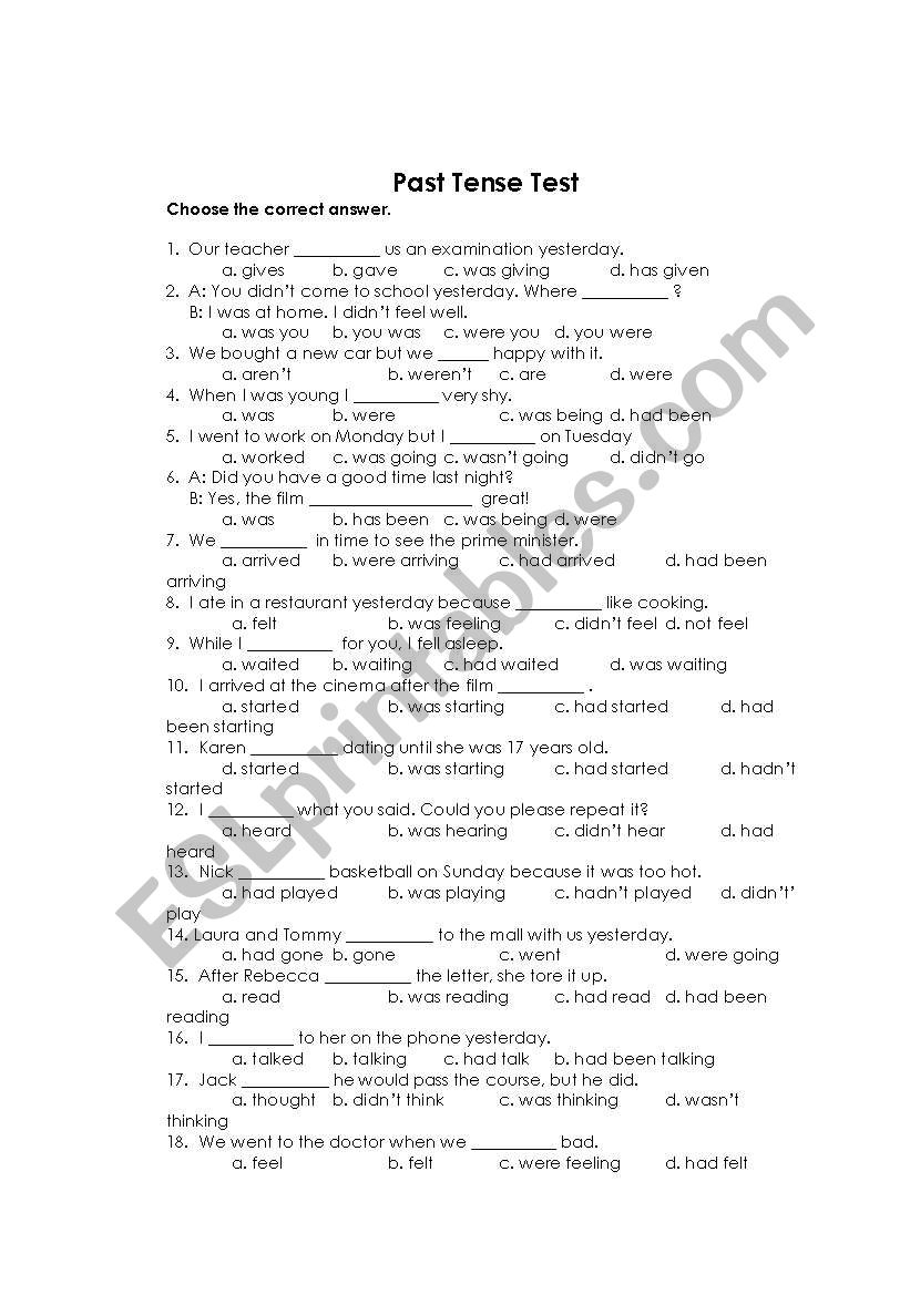 past tense test worksheet