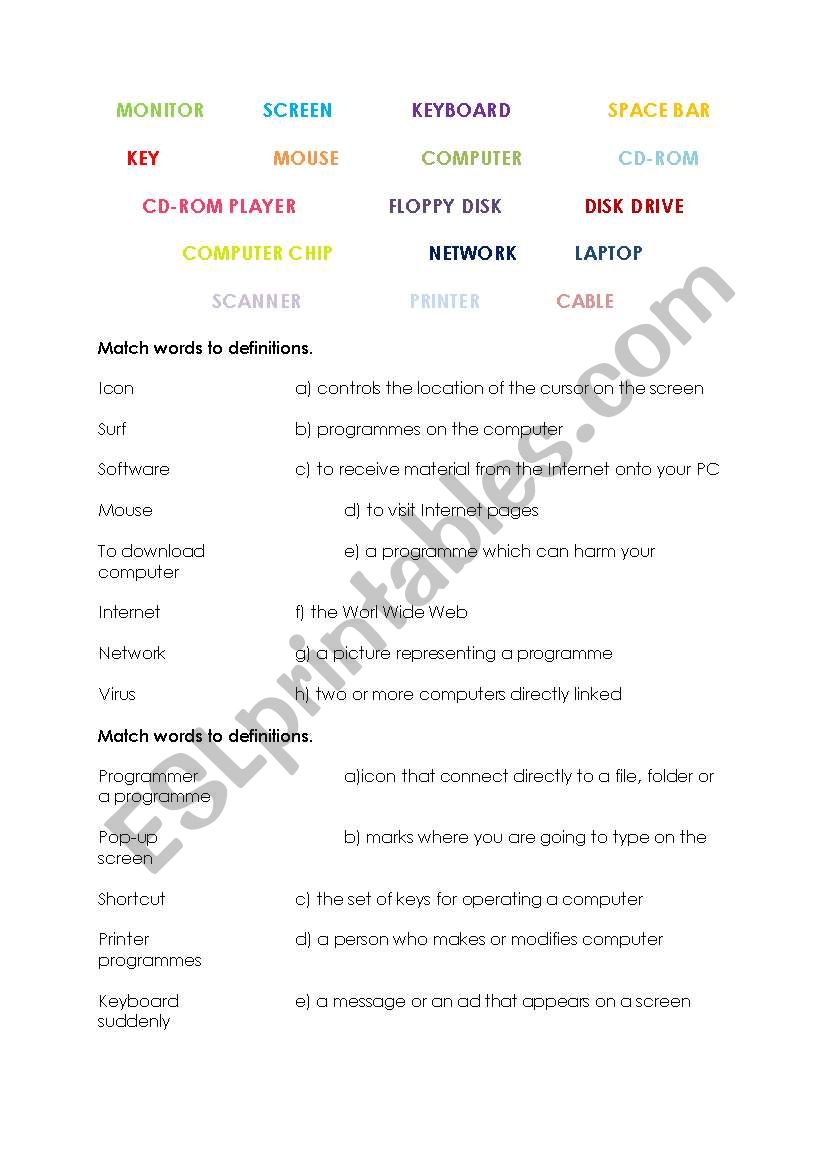 computer vocabulary worksheet