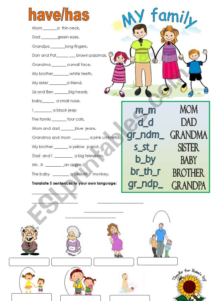 MY FAMILY -have/has worksheet