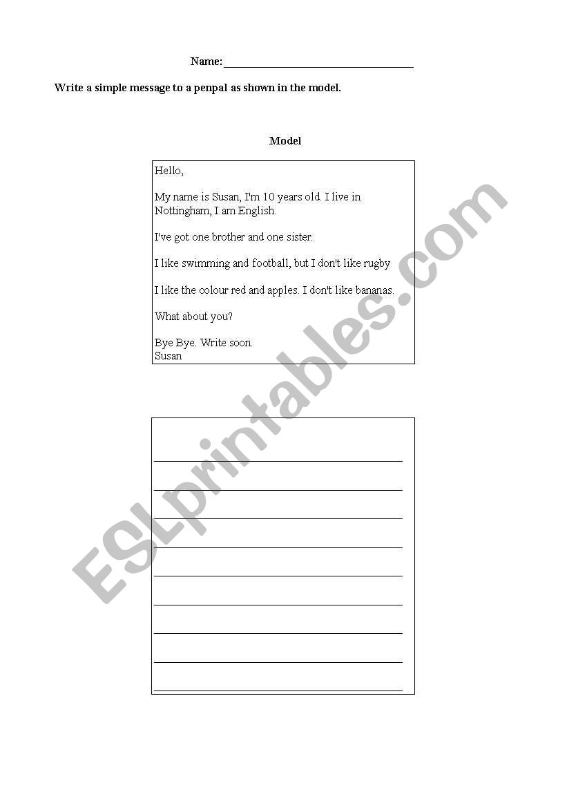 Penpal or Email writing worksheet