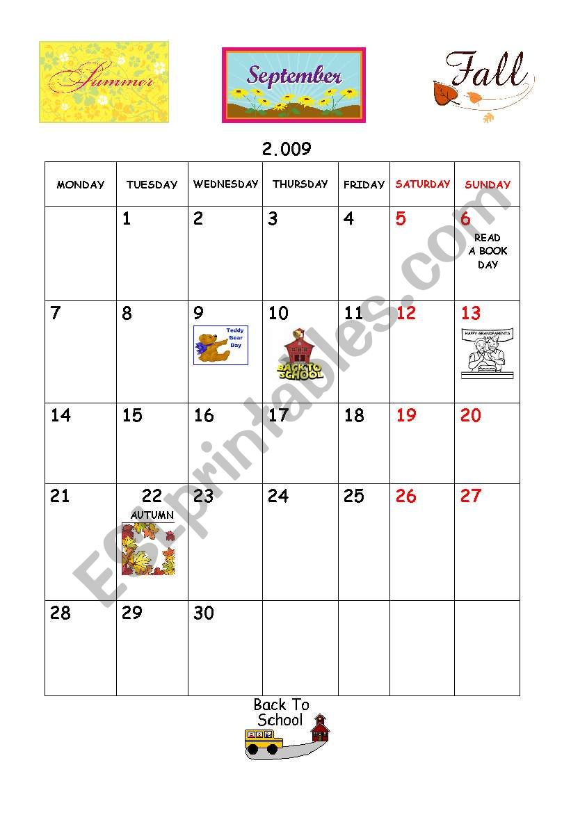English worksheets September calendar