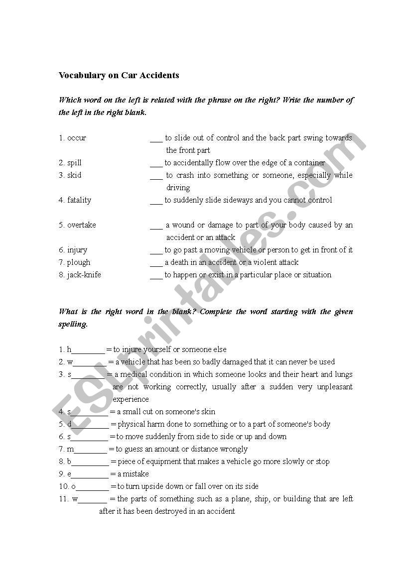 Vocabulary on accidents worksheet