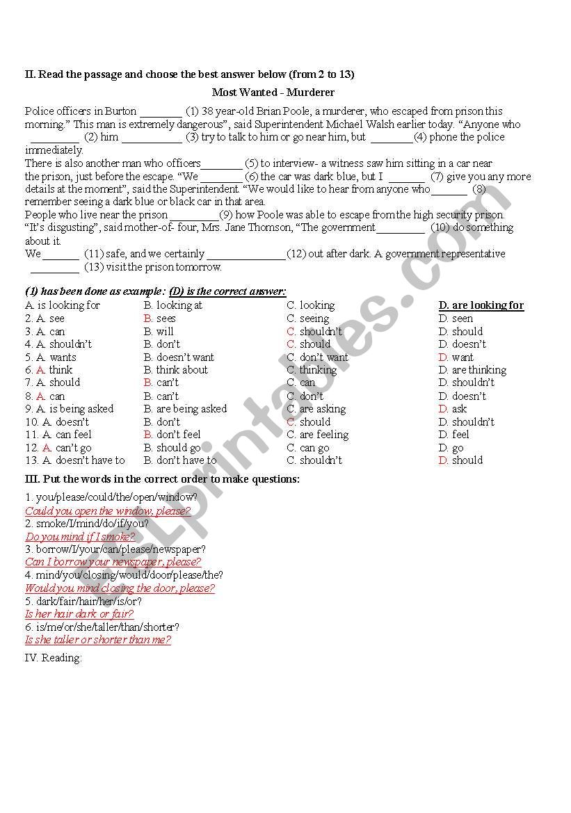 grammar test, reading. pre-inter students