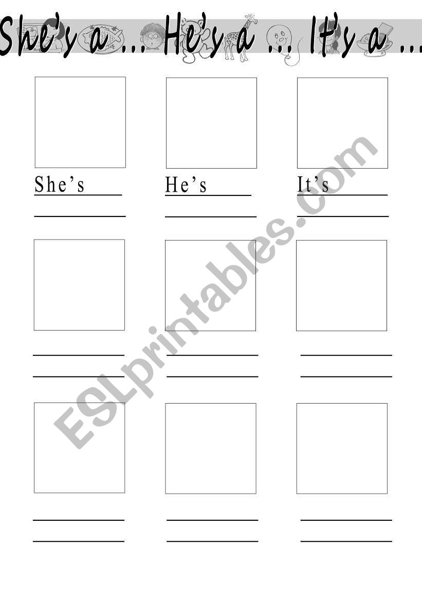 English worksheets: She´s/He´s/It´s (a/an)... part 1