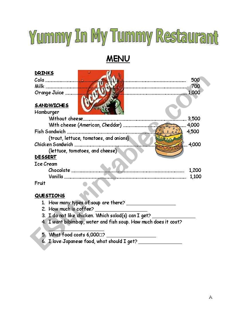 Ordering at a Restaurant Menu worksheet