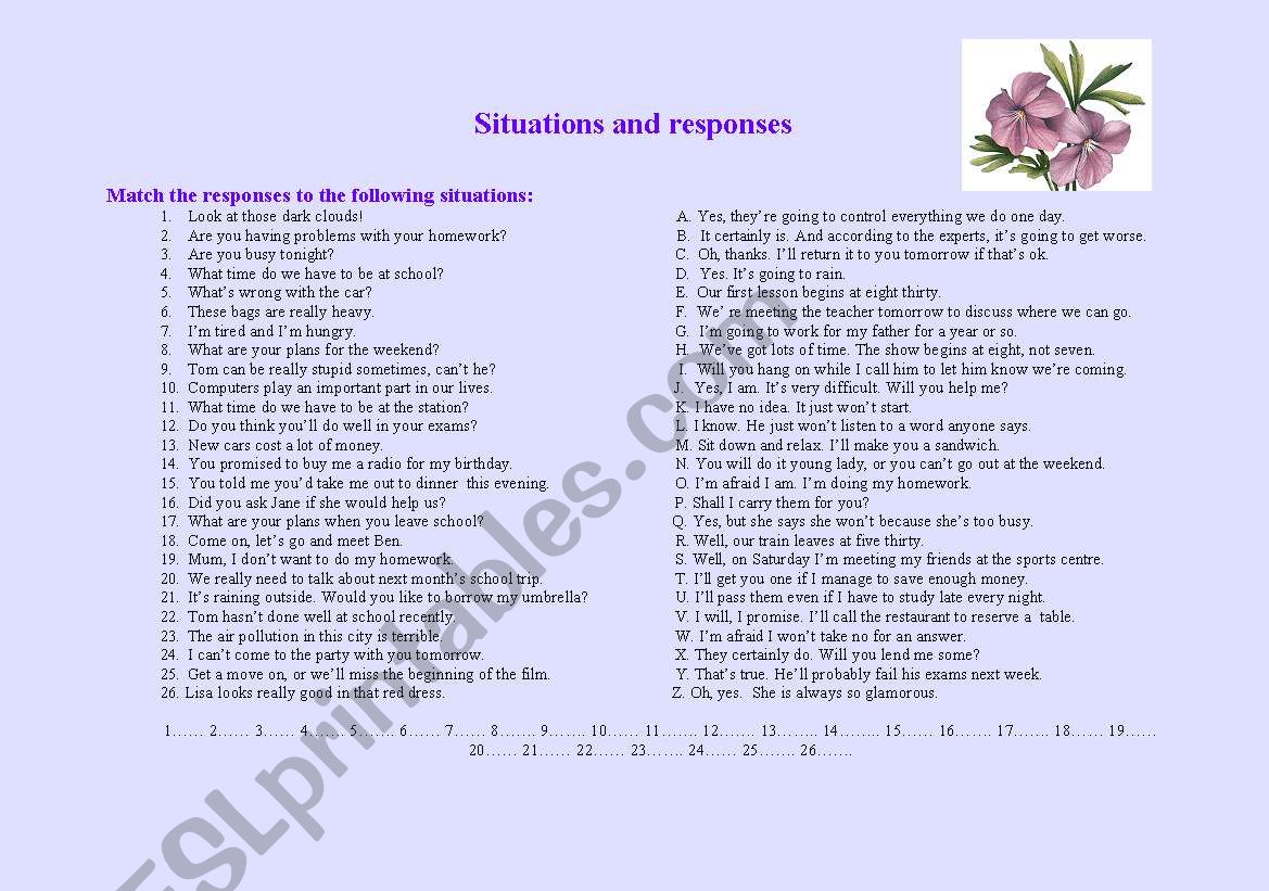 Situations and responses worksheet