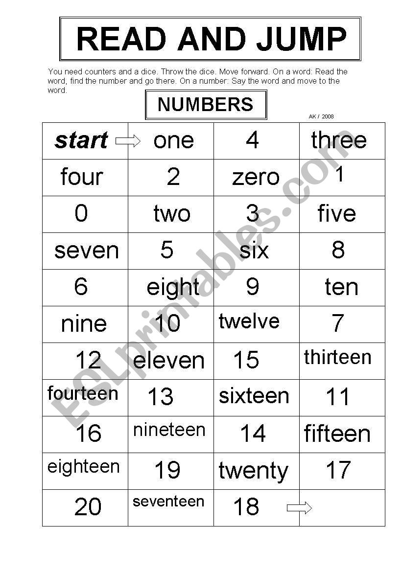 Read and Jump - Numbers worksheet