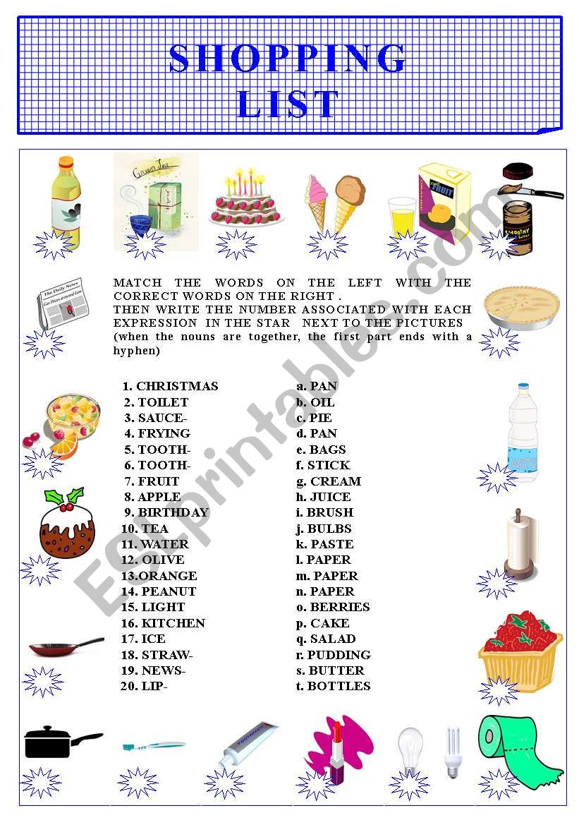 SHOPPING LIST -COMPOUNDS worksheet