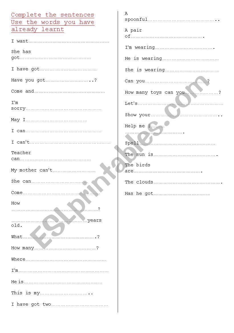 Complete the sentences worksheet