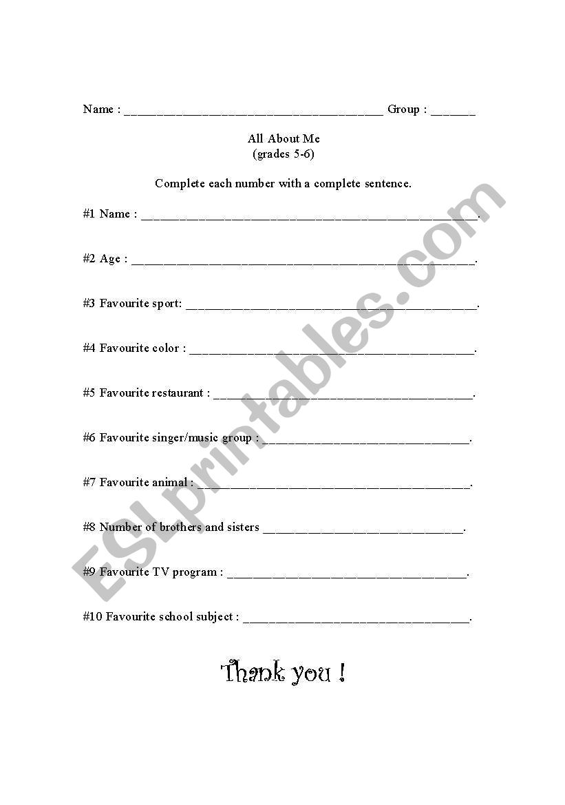 All about Me worksheet