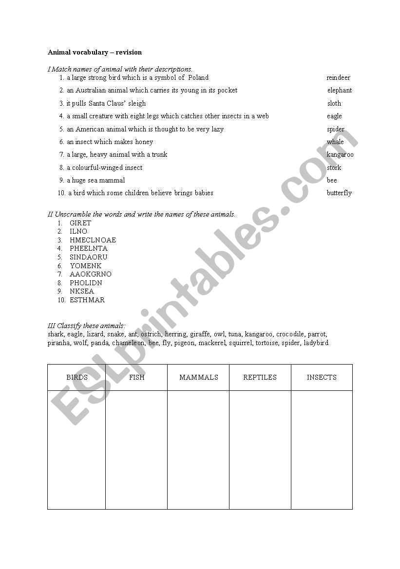 animal vocabulary worksheet