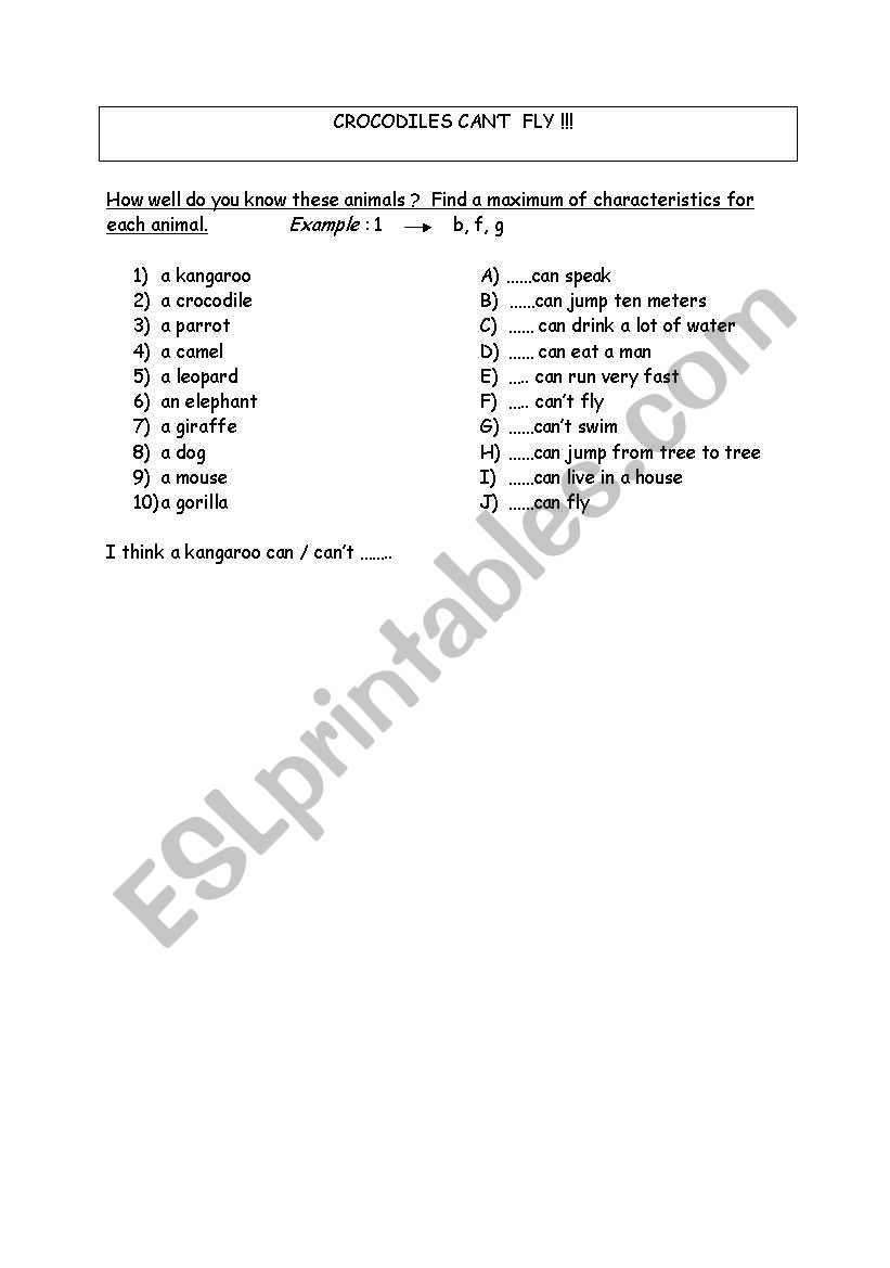 Crocodiles cant fly worksheet