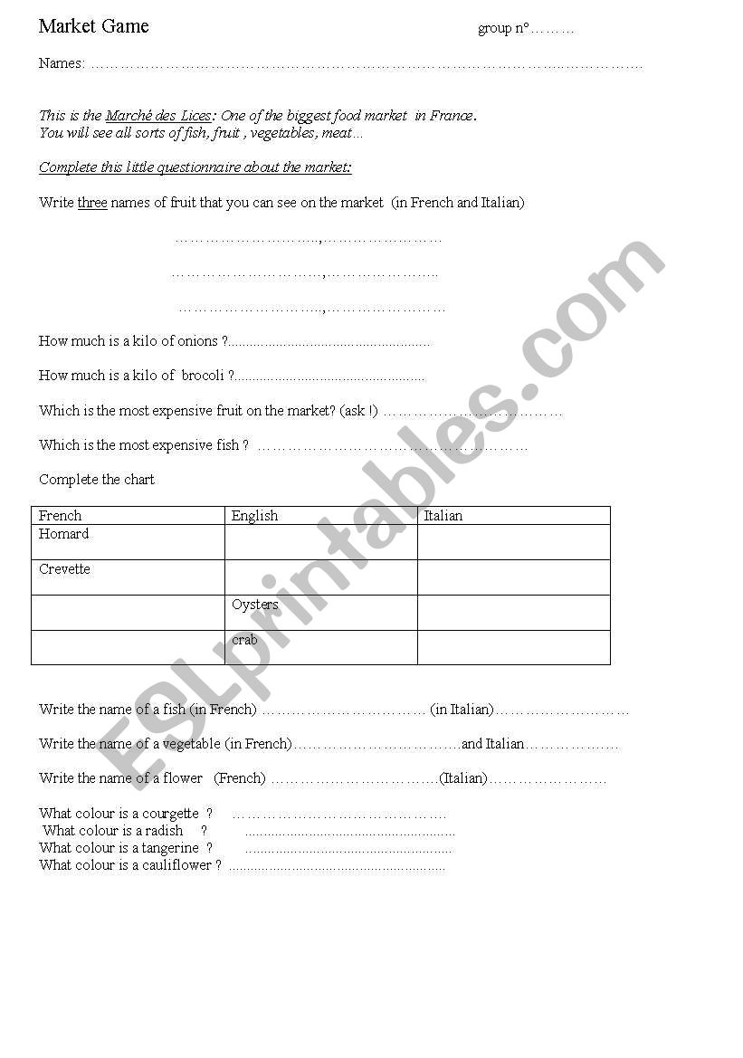 market game worksheet