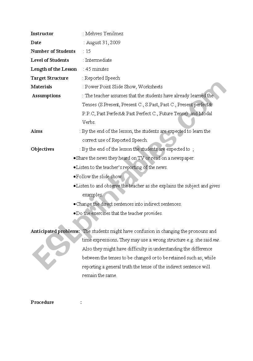 Reported Speech worksheet