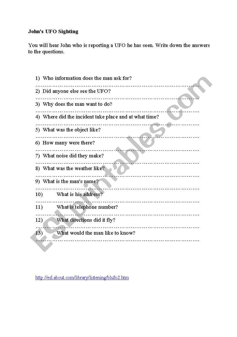 UFO- listening worksheet