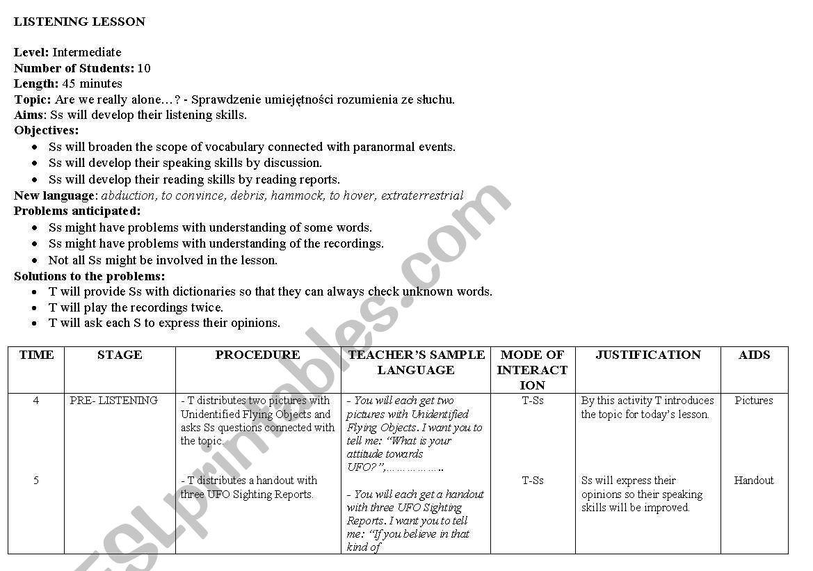 UFO- listening lesson worksheet