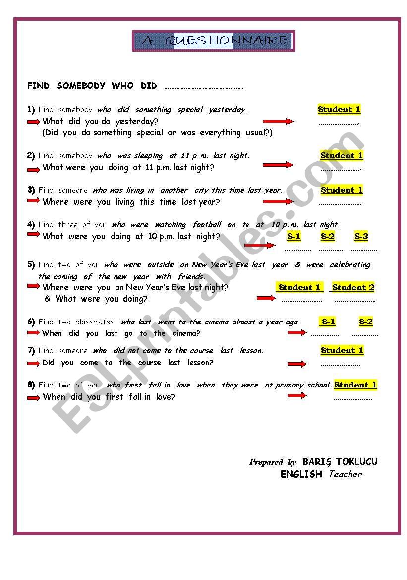 A questionnaire for revising Simple Past Tense