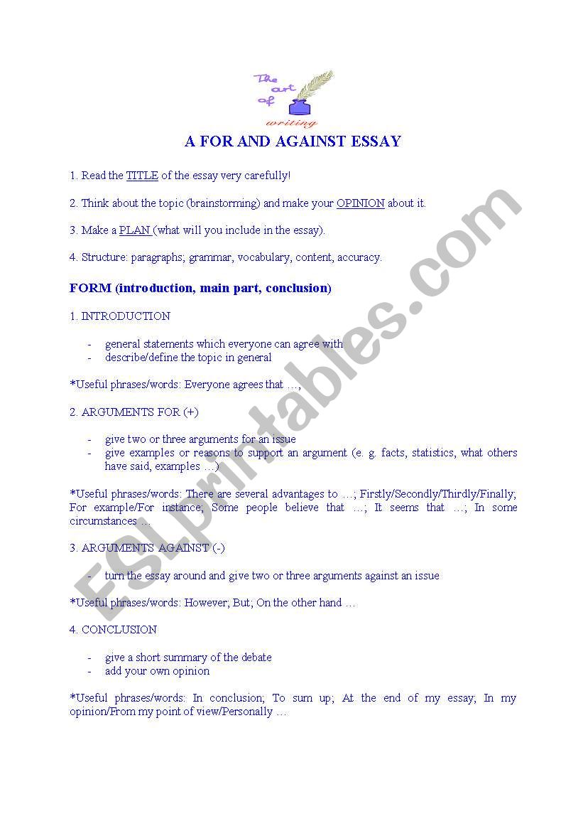 A for and against essay worksheet