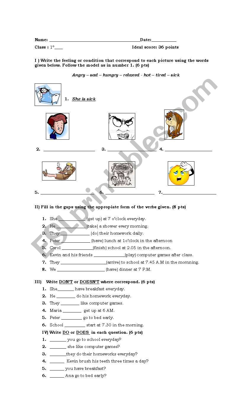 Present simple test worksheet