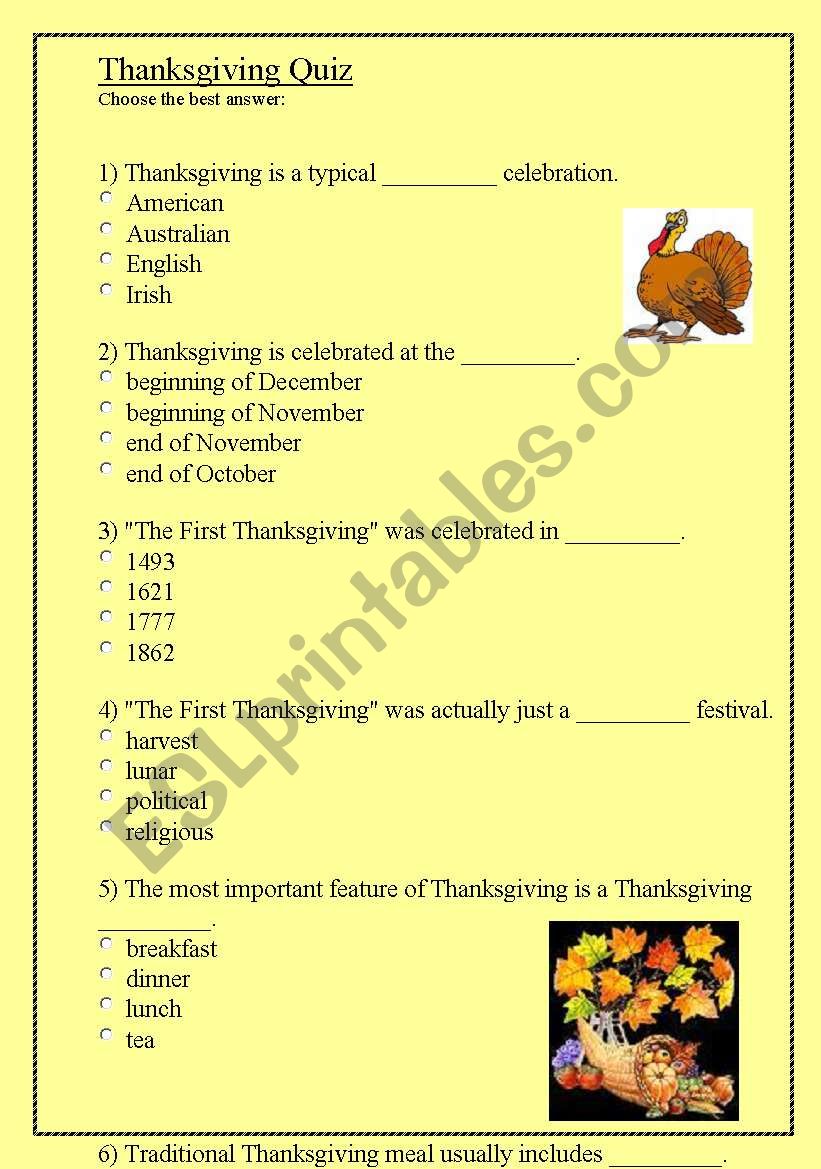 Thanksgiving quiz worksheet