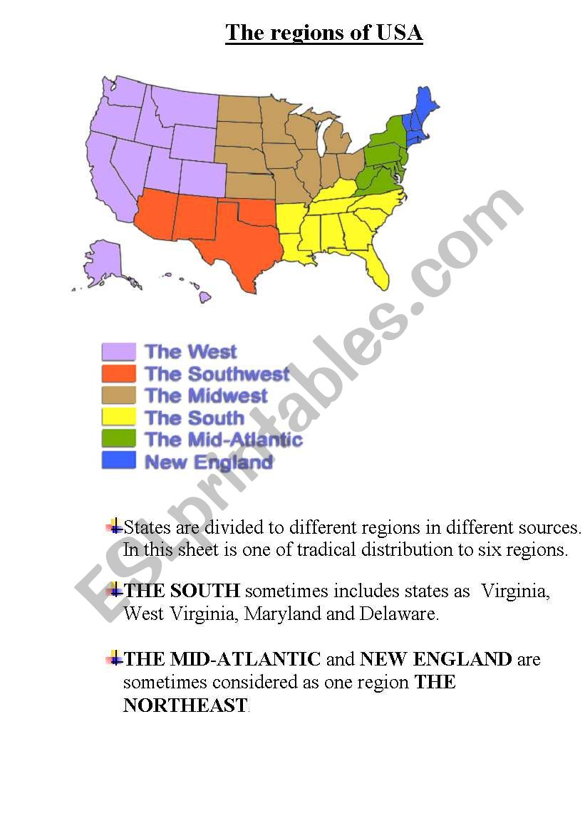 The regions of the USA worksheet