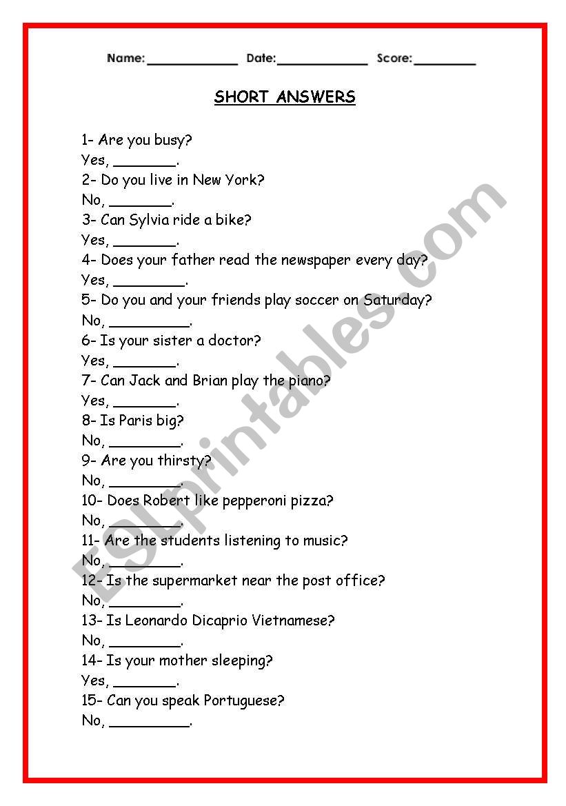 Short Answers worksheet