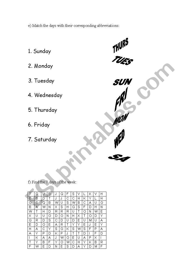 Days of the week worksheet