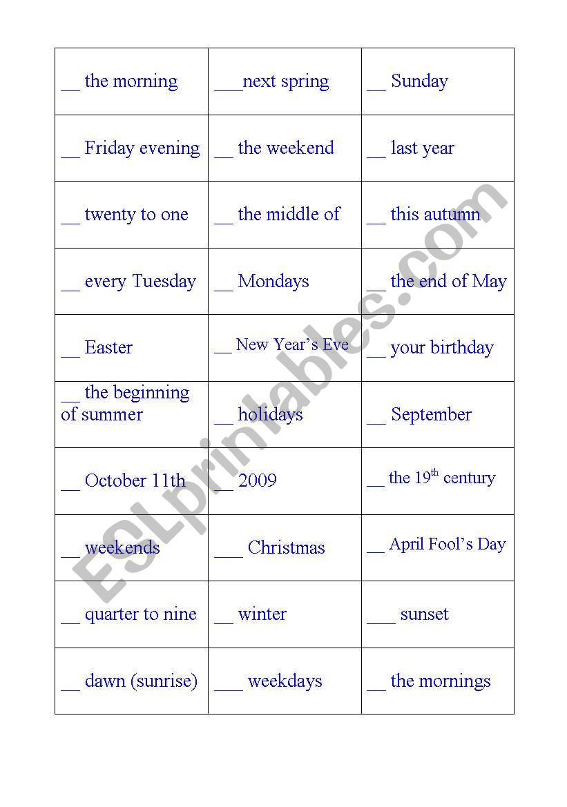 Prepositions of Time worksheet