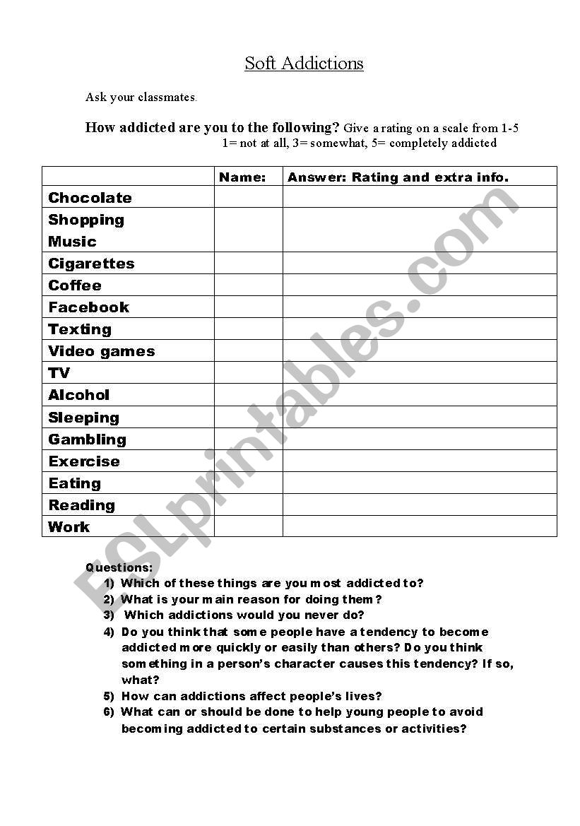 Addictions Questionnaire  worksheet