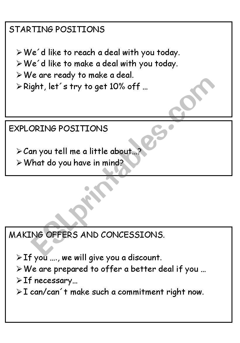 negotiating cards worksheet