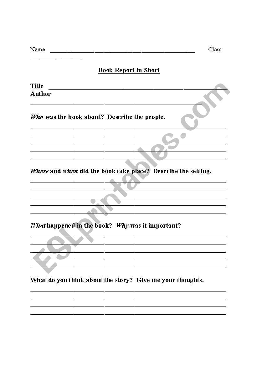 Book Report Outline worksheet