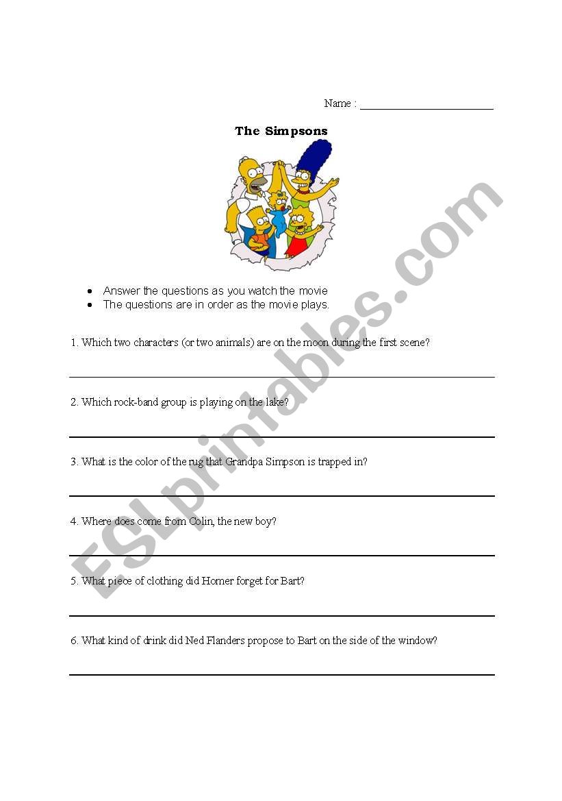 The Simpsons Movie Quiz worksheet