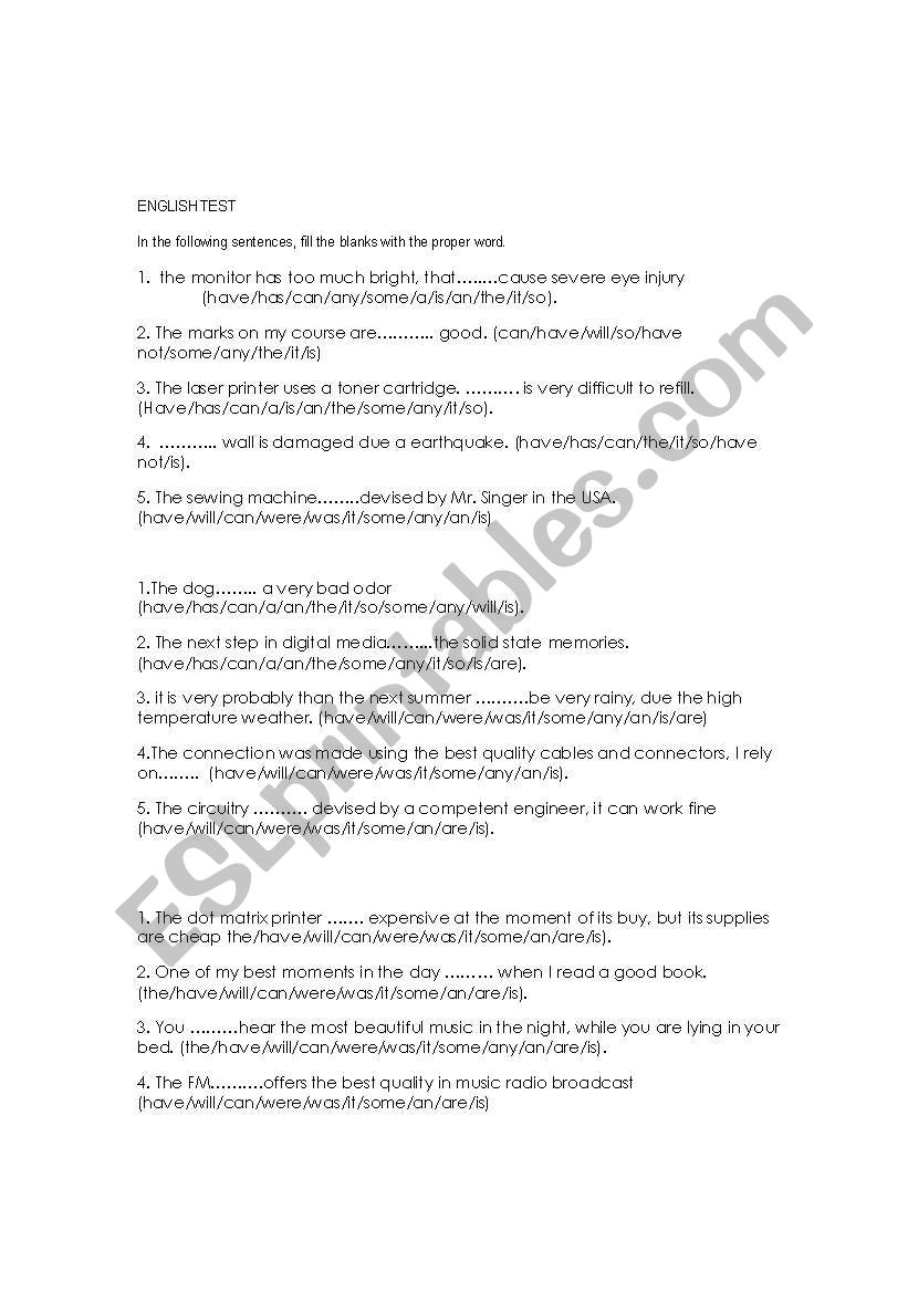 English Test worksheet