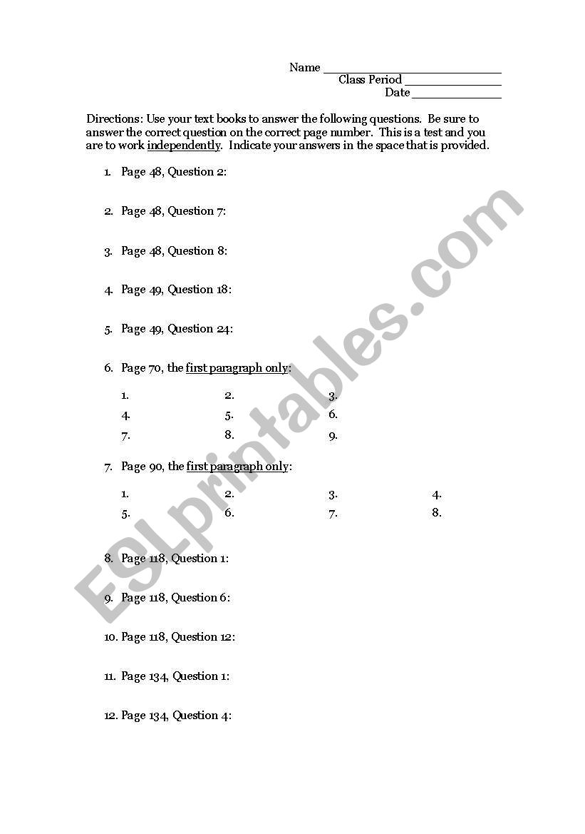 Parts of Speech Pre-Test worksheet