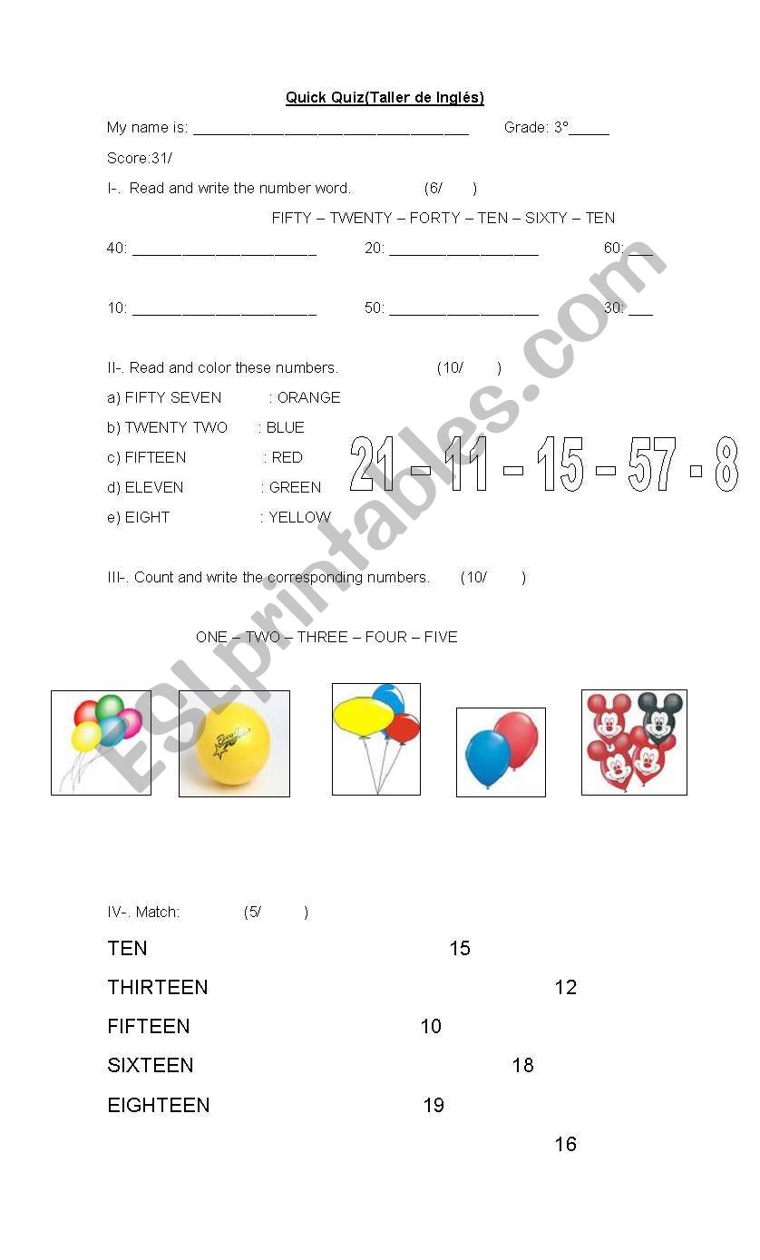 NUMBERS worksheet