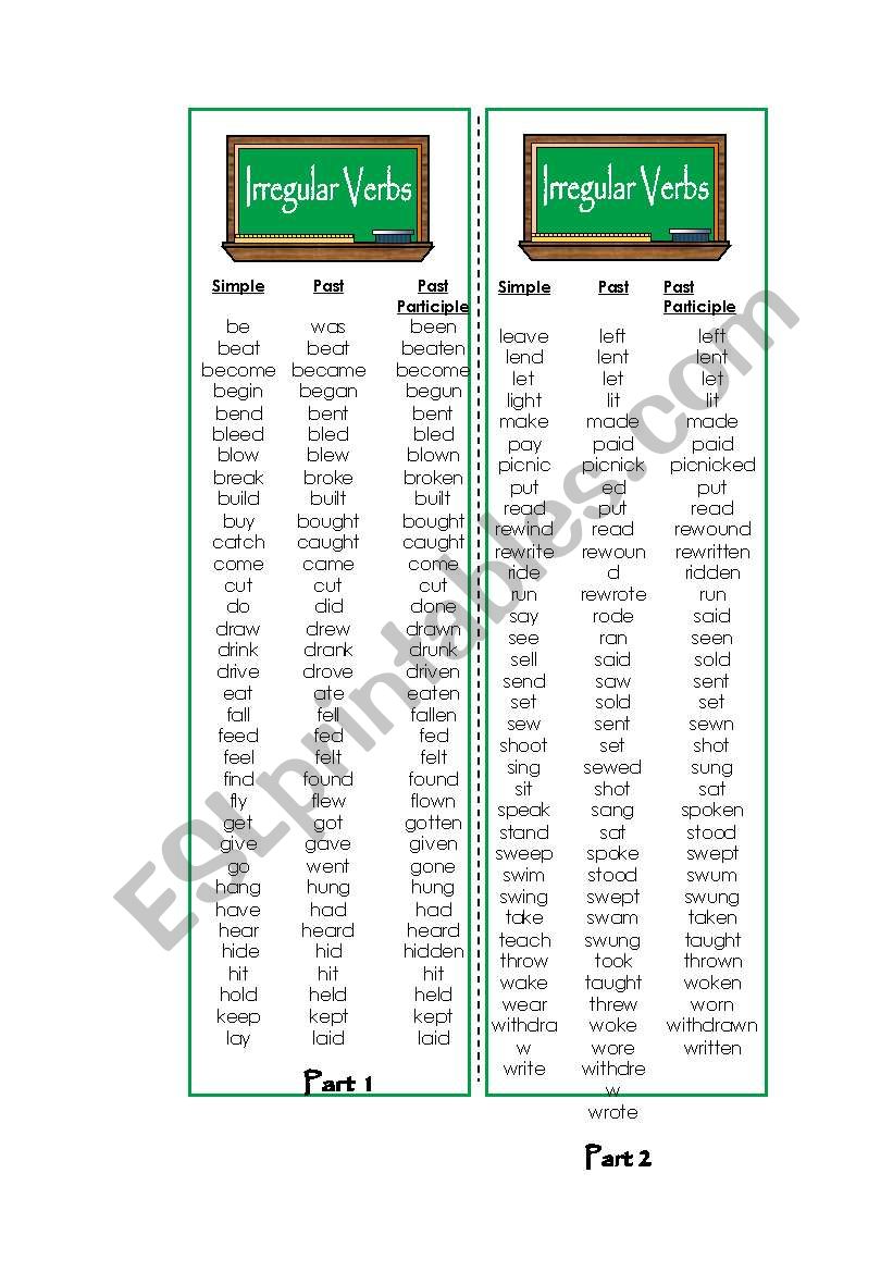 Irregular Verbs Bookmarks (A-Z order)