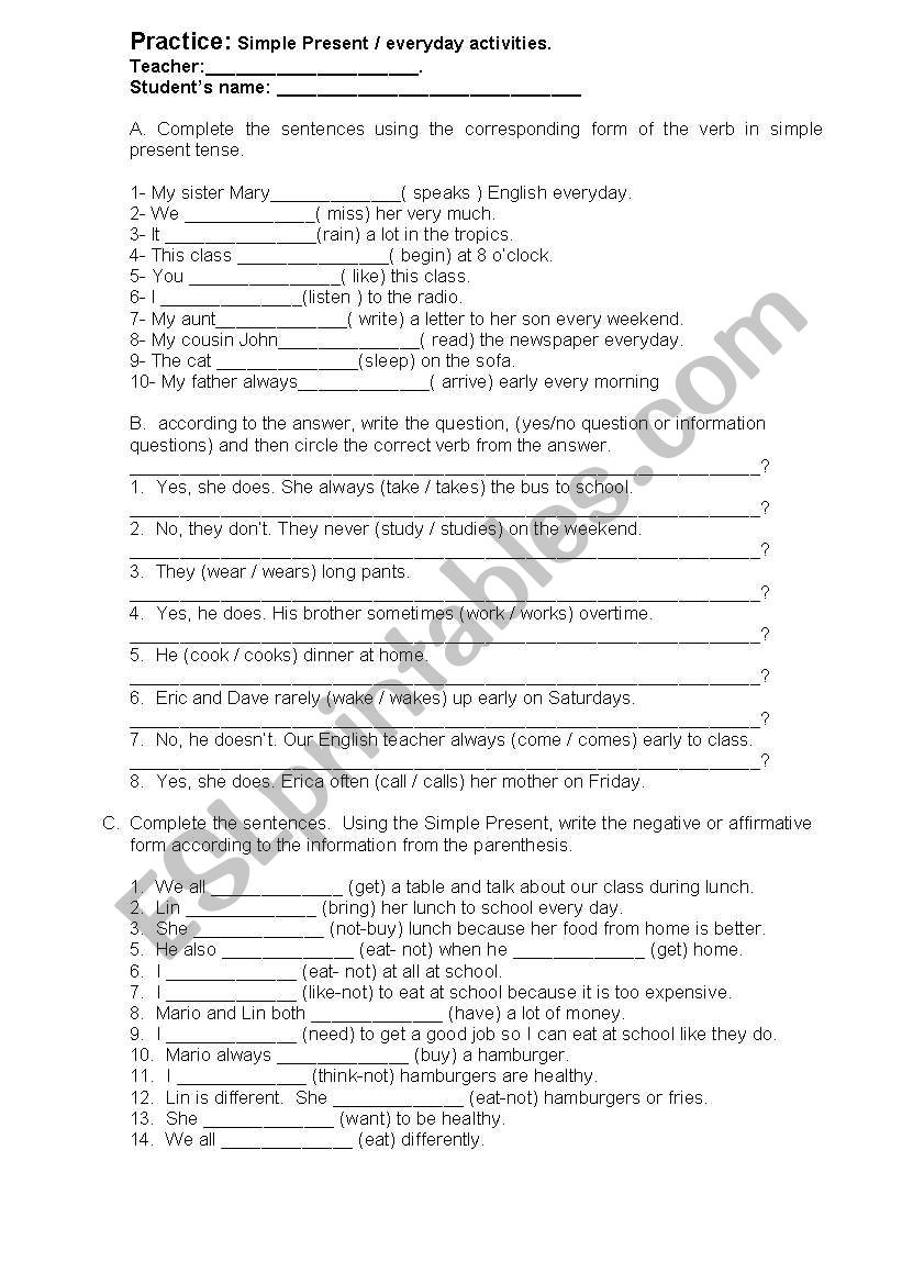 simple present tense.  worksheet