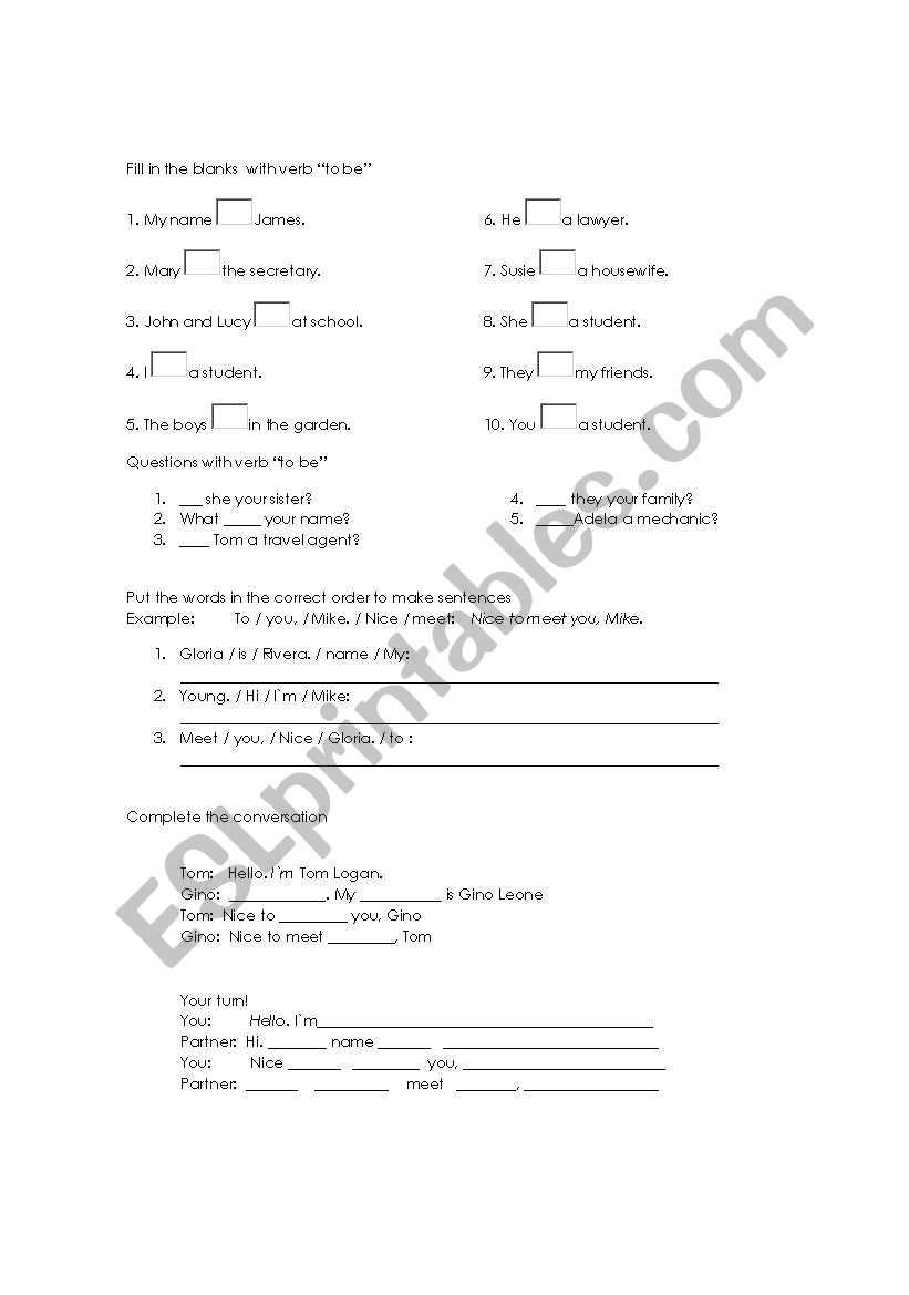 verb to be worksheet